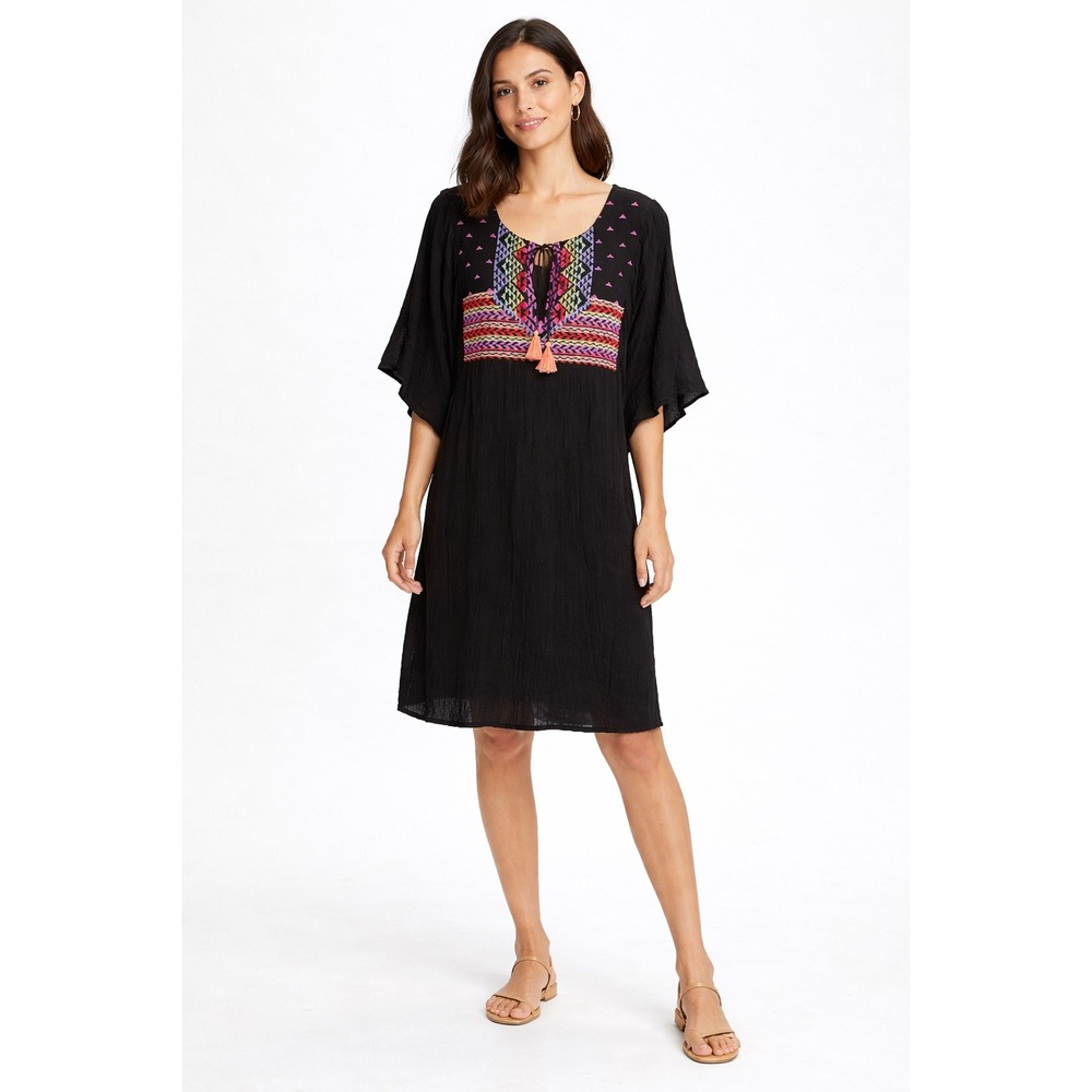 The‎ Pyramid Collection crinkle Dress sz XL Black Embroidered Gauze Boho aztec